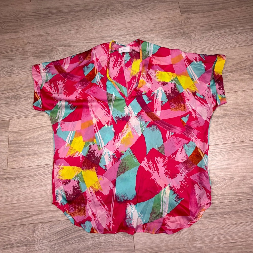 Adrienne‎ Madison Abstract Brushstroke V-Neck Top Pink Blue Yellow Size M USA